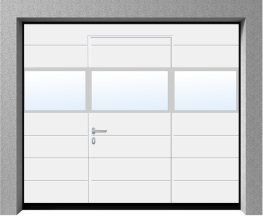 Секционные ворота с калиткой и панарамной вставкой